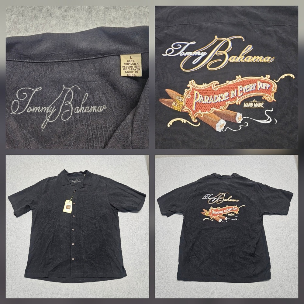 Tommy Bahama Limited Edition Mens Black Silk Shirt L  Cigar Hawaiian NWT